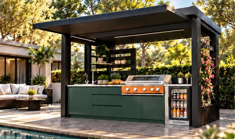 Cuisine extérieure PARIS style pavillon au bord d’une piscine
