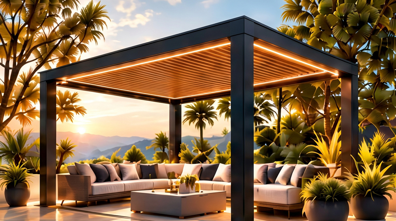 Pergola VEÏ éclairée, ouverte sur un salon extérieur