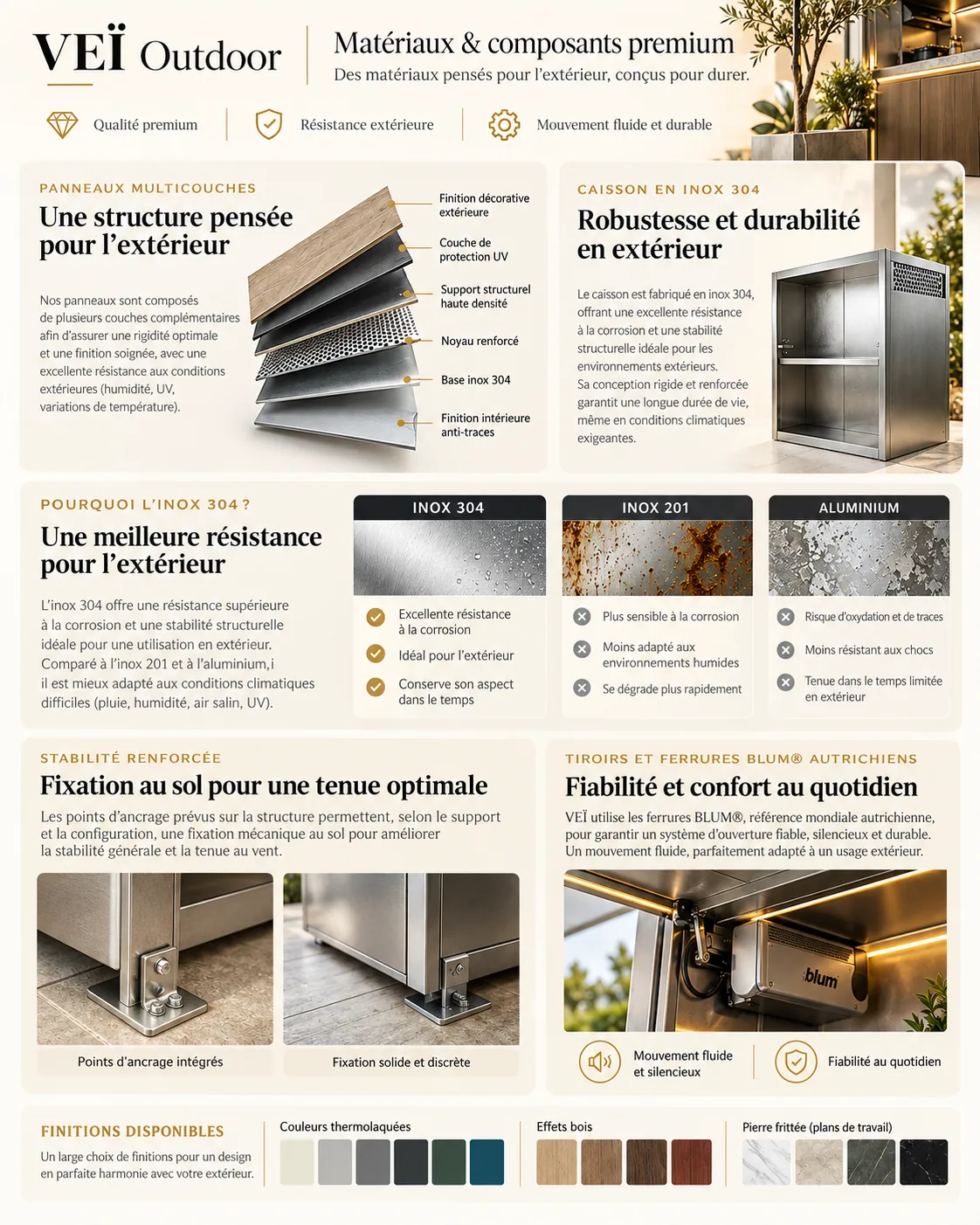 Présentation Matériaux & composants premium VEÏ : panneaux multicouches, caisson en inox 304, comparatif inox 304, inox 201 et aluminium, quincaillerie et finitions