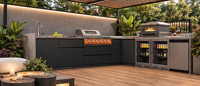 Cuisine LILA en angle avec espace barbecue, four et réfrigérateurs intégrés