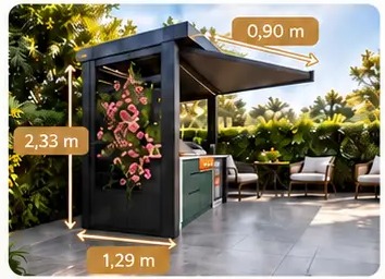 PARIS vue de côté avec dimensions : hauteur 2,33 m, profondeur fermée 1,29 m, avancée d’auvent 0,90 m