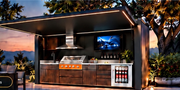 Cuisine extérieure AZUR en bois avec toit motorisé et éclairage intégré