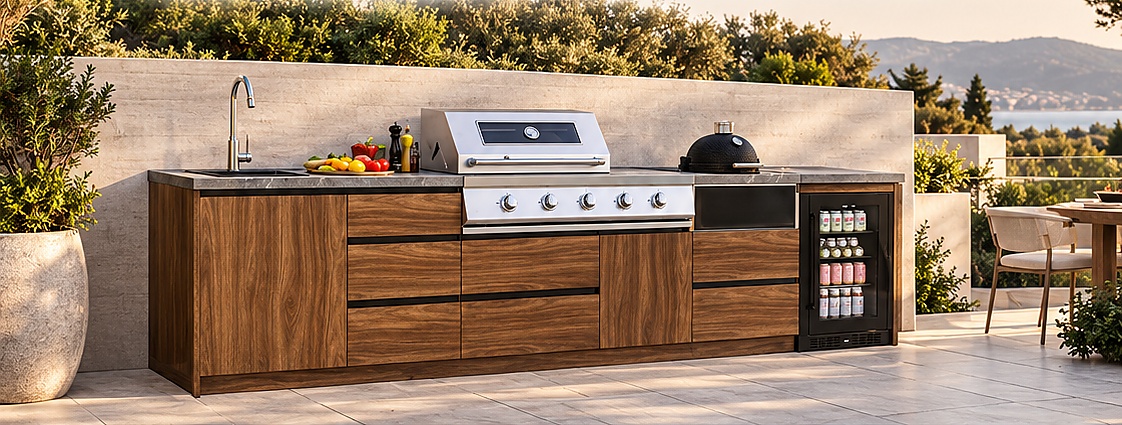 Cuisine extérieure LILA en bois, avec barbecue, évier et réfrigérateur, sur une terrasse ensoleillée